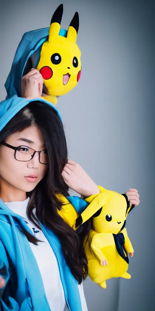 Prompt: A asian girl wearing a Pikachu hoodie, cosplay, studio ilumination, professional, trend in Instagram, 4k