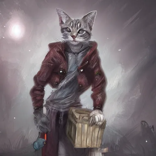 Image similar to digital art, humanoid homeless cat, concept art, d & d, fantasy