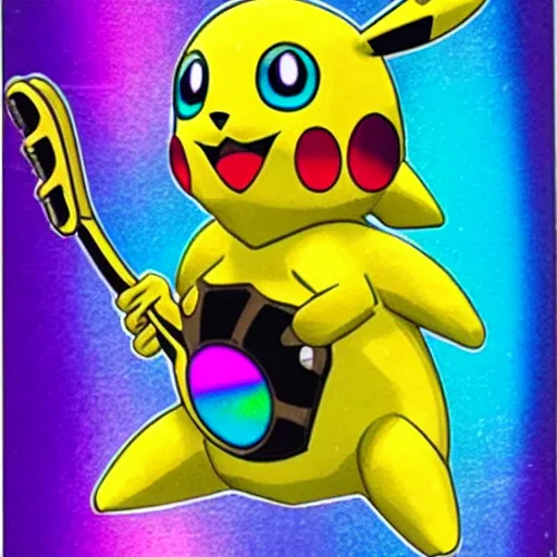 Image similar to holographic shiny colorful pokemon collectible trading card of a banana playing guitar