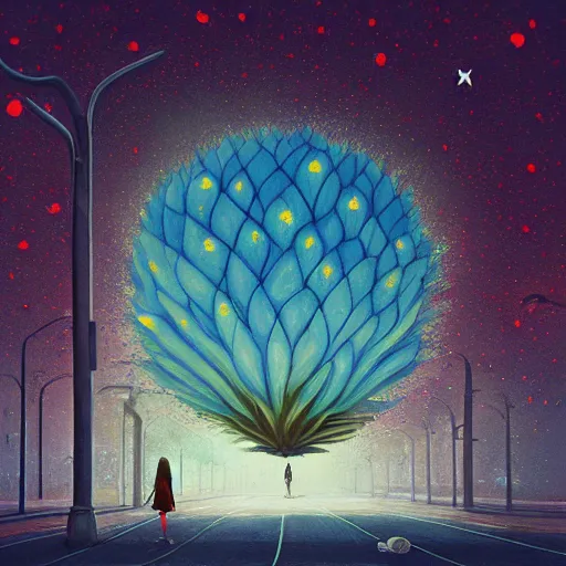 Image similar to giant daisy flower head, woman walking in a modern city, surreal photography, night sky, dark, stars, impressionist painting, digital painting, artstation, simon stalenhag