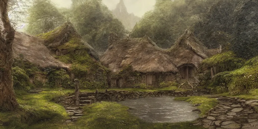 Image similar to a small serene fantasy village on the edge of the woods, by alan lee, lord of the rings, smooth, detailed terrain, oil painting, matte painting, concept art, trending on artstation