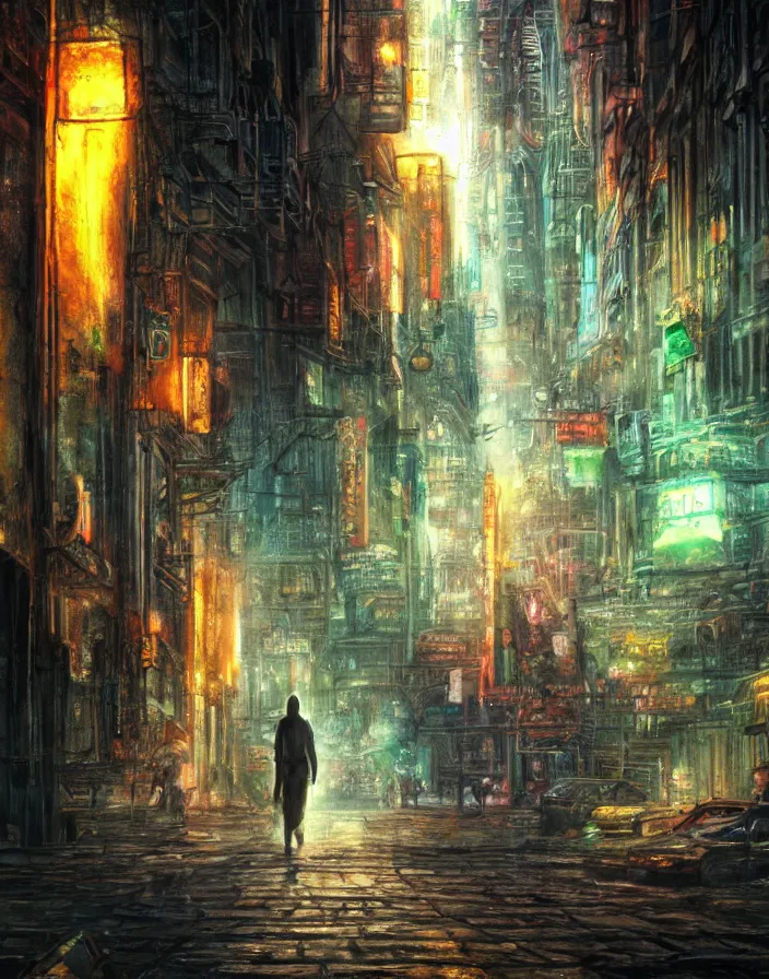 Prompt: god walking the streets of subway city, masterpiece, perfect composition, hyperrealistic, intricate oil pastel glow, dynamic lighting, photorealistic, fantasy concept art, ambient lighting, atmospheric moss, stunning visuals, creative, cinematic, ultra detailed, trending on art station