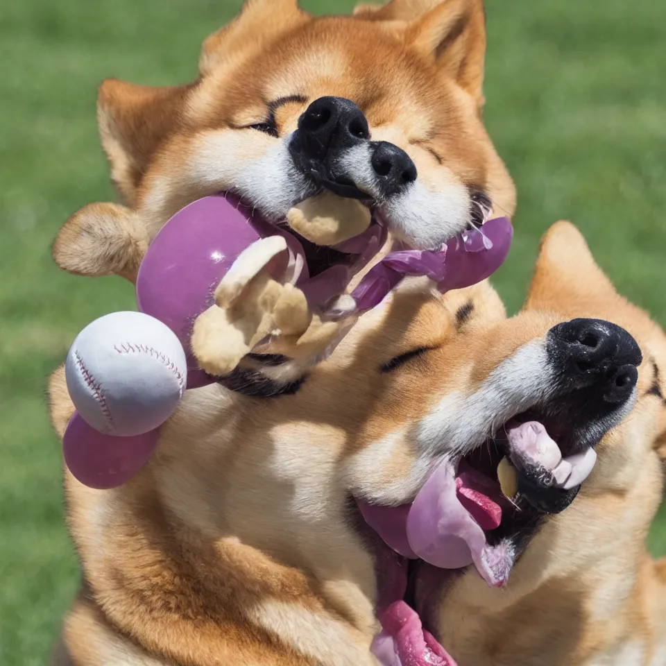 Image similar to cheerful shiba inu dog derpy swings baseball mouth in mouth 4 k