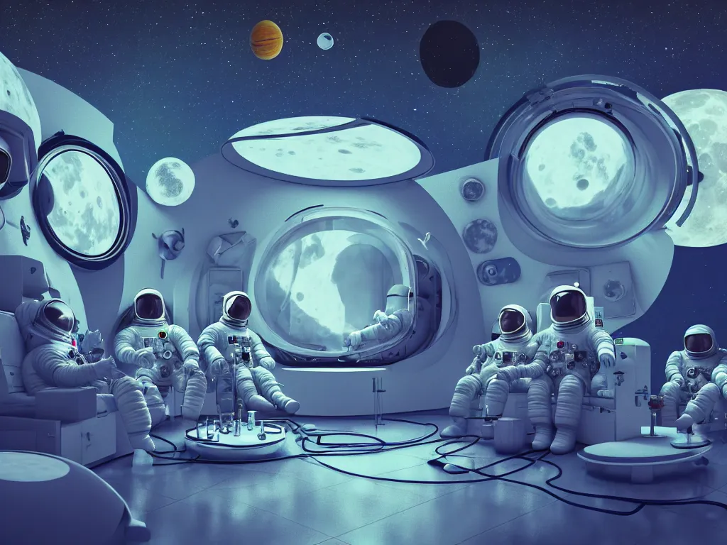 Image similar to a team of therapists calmly attend to an astronaut in a psychedelic therapy session, inside a midcentury modern architecture lunar module, on the surface of the moon, concept art, science fiction industrial hard science concept art, 8 k render octane high definition