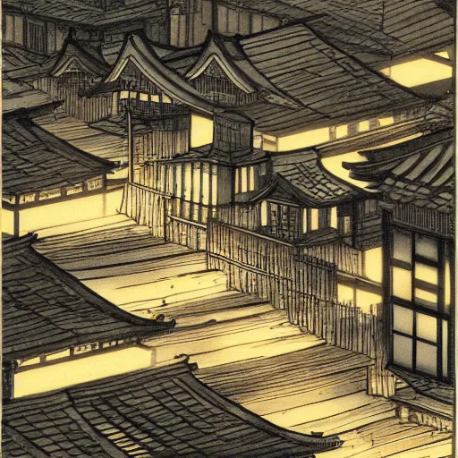 Image similar to a beautiful ink painting of buildings in japanese traditional style, in the style of hiroshi yoshida, at night, light effect, detailed, high - definition, exquisite isolated very detailed, moody lighting, 8 k highly detailed, trending on artstation