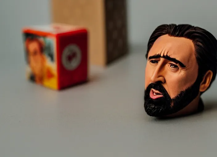 Image similar to product still of Nic Cage funko pop with box, 85mm f1.8