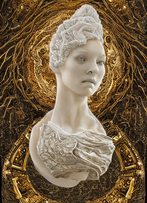 Prompt: marble sculpture of multiple beautiful women, oil slick, palladium veins, dripping, mandelbulb, hypercube, ivory carving, fractal paisley inlay, lace, intricate, elegant, highly detailed, gold inlay, metallic, ivory, artgerm, lace, by ruan jia, greg rutkowski, mucha, zbrush, nick alm