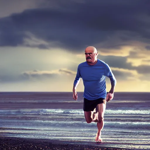 Prompt: Walter White running on the beach, artistic, 8k, cinematic, accurate, symetric, face, dramatic lighting, pastel colours