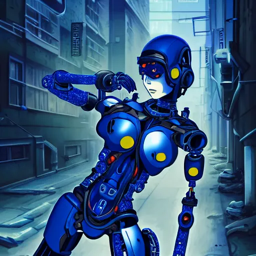 Image similar to cyborg - girl breaking into pieces as it walks down a street, highly detailed, painting, dark blue and black color palette, intricate, high quality anime artstyle,