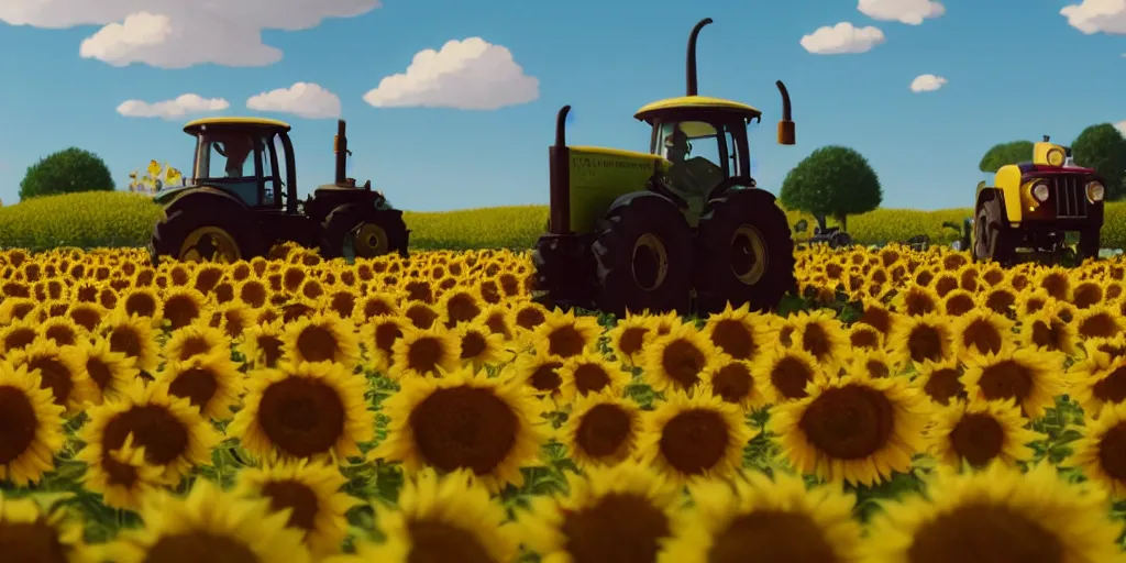 Image similar to cute little tractor in a sunflower field, still from a wes anderson film, cinematic, goro fujita, chiho aoshima, beeple, trending on artstation, highly detailed, scene from a movie, soft lighting, 8 k