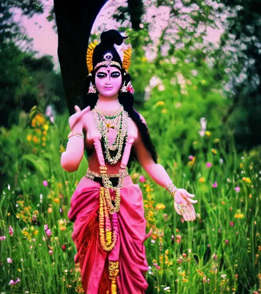 Image similar to hindu goddess standing looking at you at distance in beautiful meadow of flowers, film photo