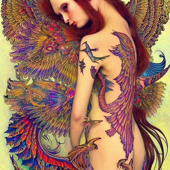 Prompt: extremely psychedelic tattoo design made of wings, LSD tattoo design, diffuse lighting, fantasy, intricate, elegant, highly detailed, lifelike, photorealistic, digital painting, artstation, illustration, concept art, smooth, sharp focus, art by John Collier and Albert Aublet and Krenz Cushart and Artem Demura and Alphonse Mucha