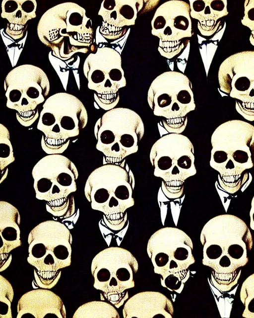 Prompt: oil geometric painting of skull skeletons singing in the choir by norman rockwell