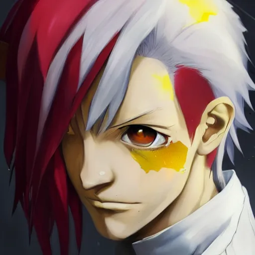 Prompt: beautiful portrait of hisoka morow, red hair, white shirt with yellow hem, realistic anime, hyper realistic, sharp, greg rutkowski, wlop,