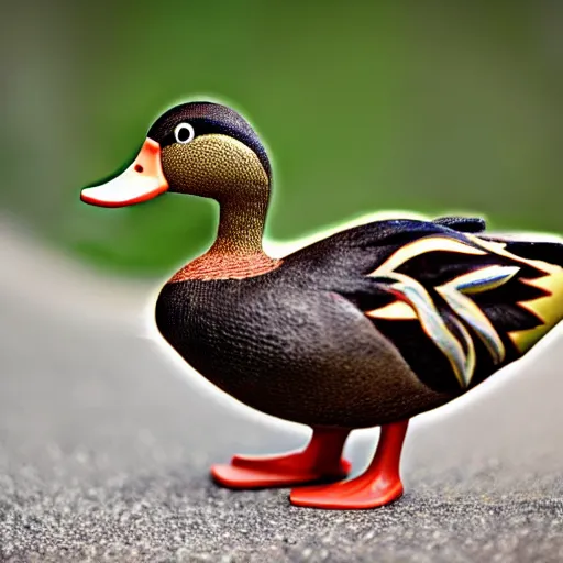 Prompt: a duck wearing black rubber boots in the french countryside, realistic, detailed, 8 k