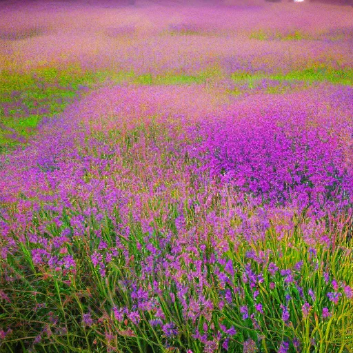 Prompt: asleep in a field of purple flowers, dreamy, 8 k photograph, pastel colors, sunset