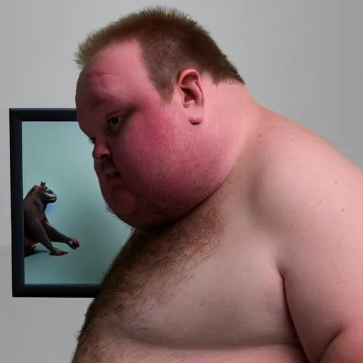 Image similar to fat northern english man looking very confused, staring at a picture of an orangutan, very detailed, 4 k, studio lighting