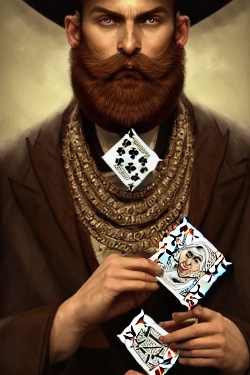 Prompt: bearded round face with no moustache, magician holding playing cards, realistic, modern, magicians eyes are covered with cloth, intricate, elegant, highly detailed, digital painting, artstation, concept art, addiction, chains, smooth, sharp focus, illustration, art by ilja repin