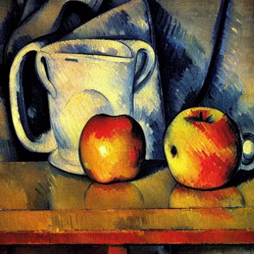 Image similar to Still life oil painting of an apple and a mug of coffee on a school desk, Paul Cezanne, 1895, award-winning, realistic, oil painting, dynamic lighting