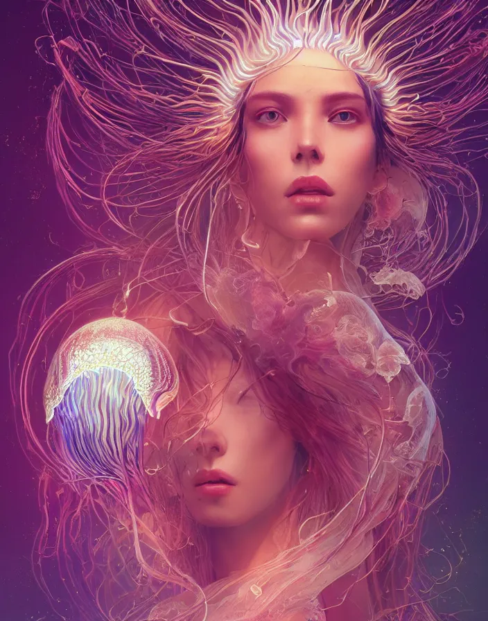 Prompt: goddess portrait. jellyfish orchid phoenix head. intricate artwork by Tooth Wu and wlop and beeple and dan mumford. octane render, trending on artstation, greg rutkowski very coherent symmetrical artwork. cinematic, hyper realism, high detail, octane render, 8k, depth of field, bokeh