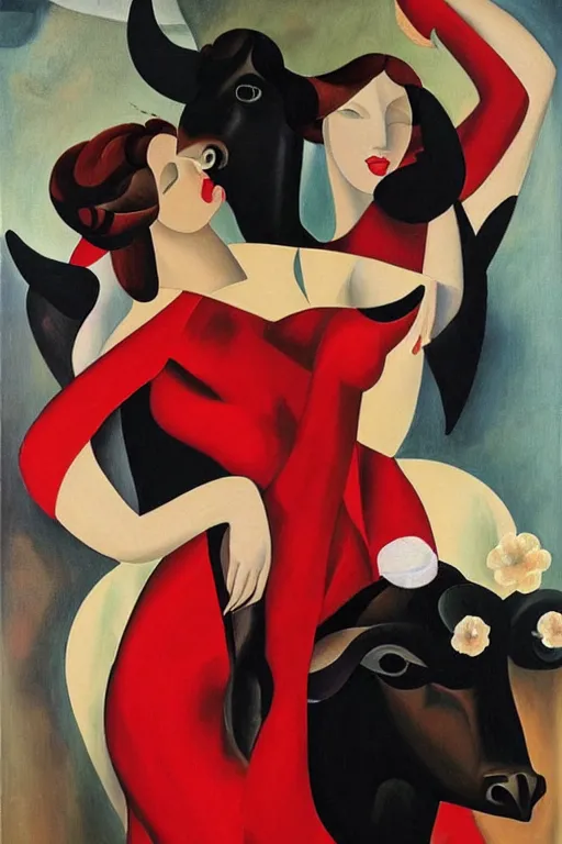 Prompt: highly detailed painting of gemini flamenco dancers wearing a red dress next to a black bull framed with flowers by tamara de lempicka