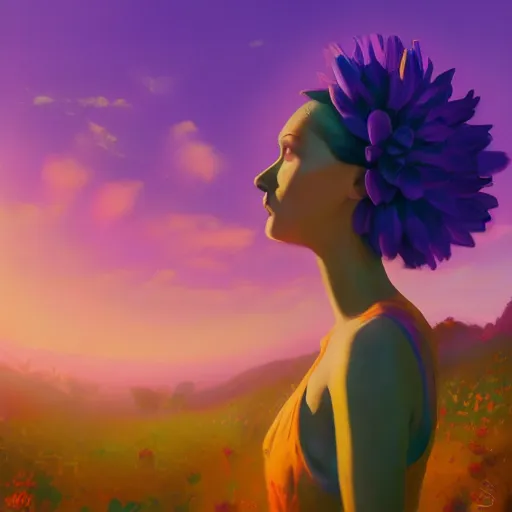 Image similar to portrait, giant purple dahlia flower head, woman in oasis, surreal photography, sunrise, blue sky, dramatic light, impressionist painting, digital painting, artstation, simon stalenhag