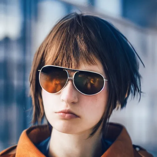 Prompt: close up portrait of a caucasian young cyberpunk woman, brown hair with light blue ends, half shaved haircut, black aviators, leather jacket, vibrant dynamic portrait by makoto shinkai