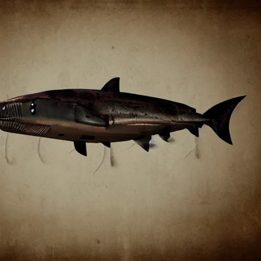 Image similar to a steampunk robotic shark, dark background, super - detailed, photo - realistic,