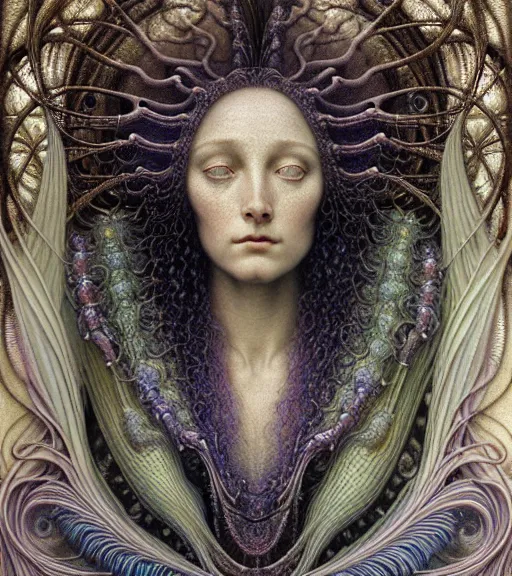 Image similar to detailed realistic beautiful opalescent goddess face portrait by jean delville, gustave dore, iris van herpen and marco mazzoni, art forms of nature by ernst haeckel, art nouveau, symbolist, visionary, gothic, neo - gothic, pre - raphaelite, fractal lace, intricate alien botanicals, biodiversity, surreality, hyperdetailed ultrasharp octane render