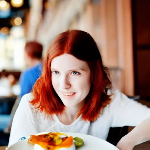 Prompt: young red headed woman sitting in a restaurant, poached egg on her head