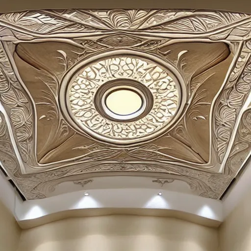 Prompt: a beautiful custom organic ceiling design, art nouveau, embossed, elegant, low profile