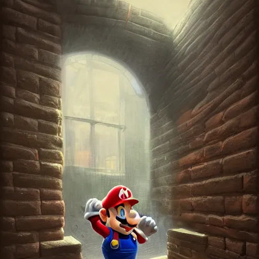 Image similar to man super mario, hiding behind a brick wall, dark mood, highly detailed, digital painting, artstation, illustration, art by artgerm and greg rutkowski and alphonse mucha