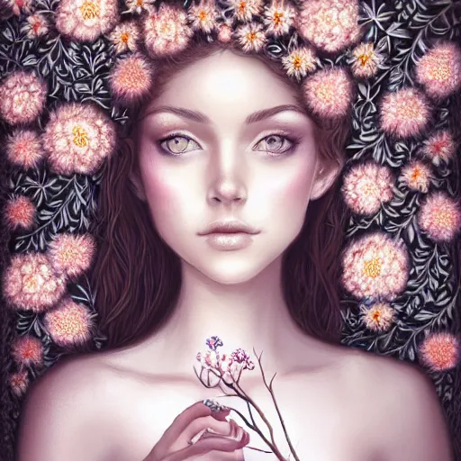 Image similar to a picture of a beautiful woman with a symmetrical detailed face, dressed in a white lace dress and covered in flowers and leaves sitting in an enchanted forest, sunset, high fantasy, elegant, epic, detailed, intricate, digital painting, concept art, realistic detailed face, smooth, focus, rim light