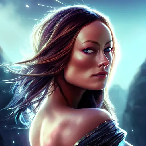 Image similar to Olivia Wilde, beautiful eyes, fantasy, beautiful face, vivid colors, elegant, concept art, sharp focus, digital art, Hyper-realistic, 4K, Unreal Engine, Highly Detailed, HD, Dramatic Lighting by Brom, trending on Artstation