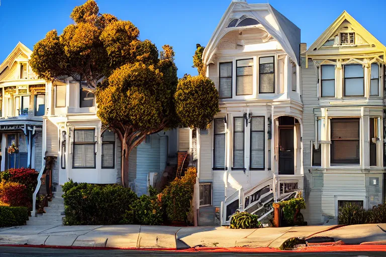 Prompt: typical San Francisco houses, award winning photograph, high exposure, golden hour, 15-30mm, panorama, autumn, car lights, photorealistic, 70's cars, 70's filter, shadows