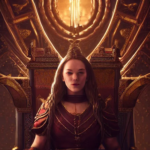 Prompt: the elder scrolls vi, charismatic regal humble brunette female jarl, portrait, throne room, atmospheric lighting, painted, intricate, volumetric lighting, beautiful, daytime, sunny weather, slight overcast, sharp focus, deep colours, ultra detailed, by leesha hannigan, ross tran, thierry doizon, kai carpenter, ignacio fernandez rios