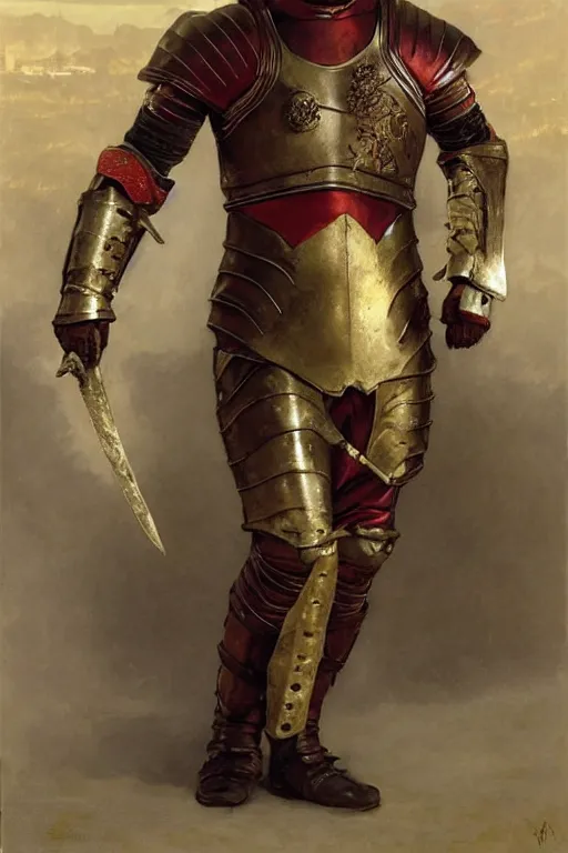 Image similar to robert downey jr wearing red and golden medieval armour, game of thrones, bouguereau