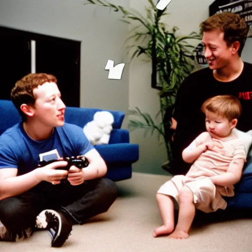 Image similar to baby mark zuckerberg playing sega genesis with baby elon musk while their parents look on. 3 5 mm photograph