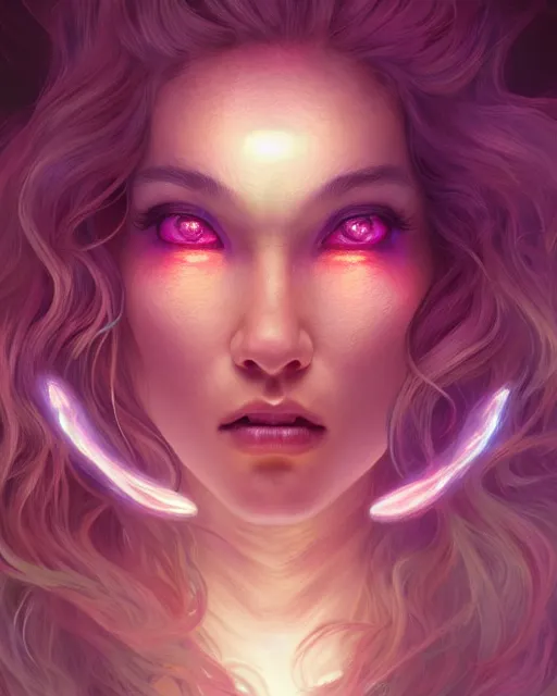 Image similar to portrait of a cute female creature, bioluminescent, claws, horror, happy, highly detailed, digital painting, cinematic, hyperrealism, dark retrowave, art by stanley lau and artgerm and magali villeneuve and alphonse mucha, artstation, octane render, cgsociety