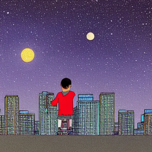 Prompt: a kid in a big city, on a rooftop, watches a beautiful night full of stars and tech buildings, from a by a. j. casson