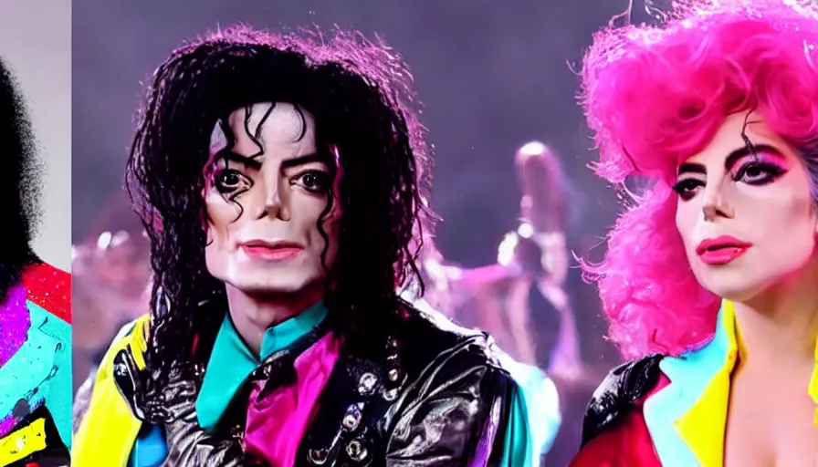 Image similar to michael jackson and lady gaga in a colorful music video from 2 0 1 3