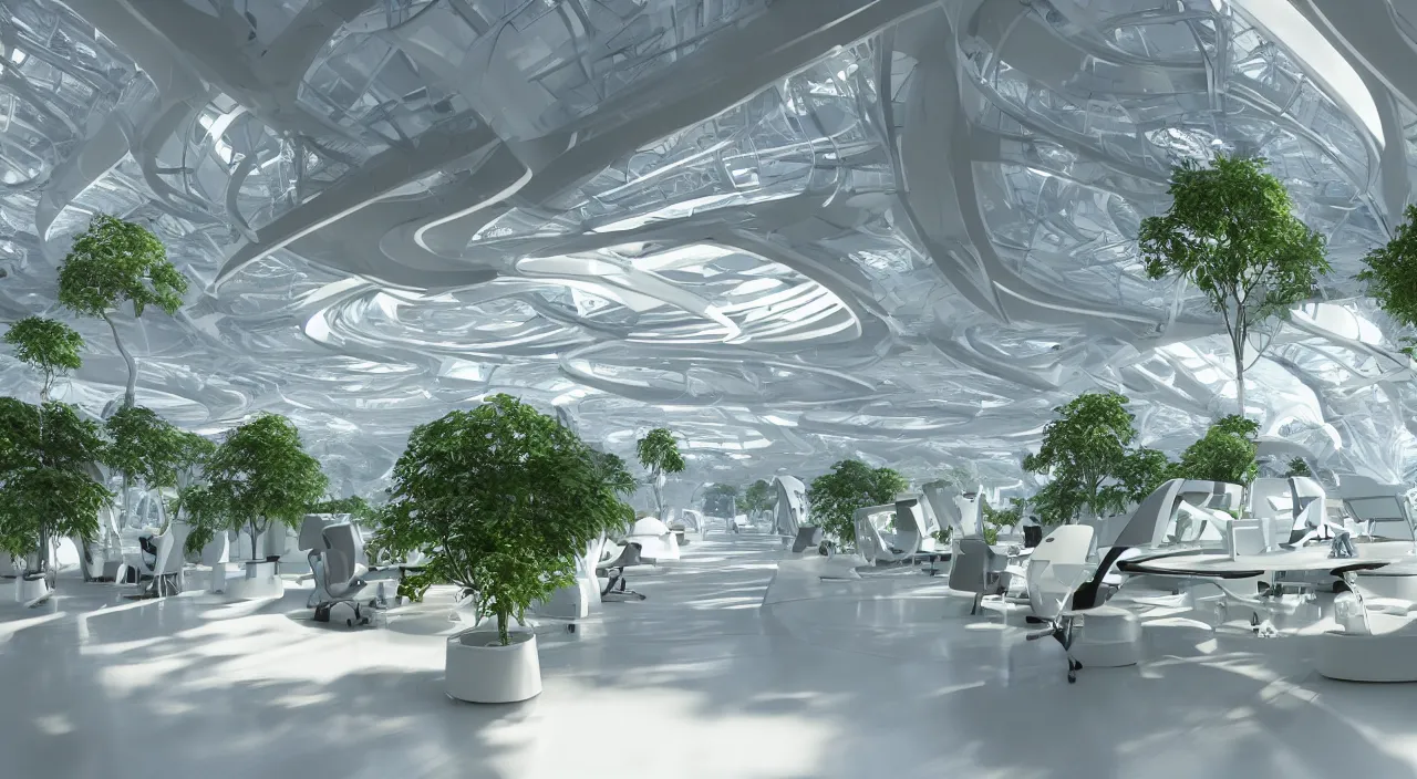 Prompt: futuristic open office with parks and plants, glowing computer screens, made with glossy white plastic and large windows and voluminous light and light rays, extremely intricate, very detailed, in style of zaha hadid, artstation, octane render, warm color highlights, cinematic lighting