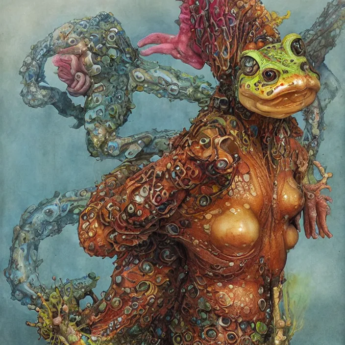 Prompt: a portrait photograph of sadie sink as a brightly colored amphibian hybrid with wet mutated skin. wearing a catsuit many body modifications. by tom bagshaw, donato giancola, hans holbein, walton ford, gaston bussiere, brian froud, peter mohrbacher and magali villeneuve. 8 k, cgsociety