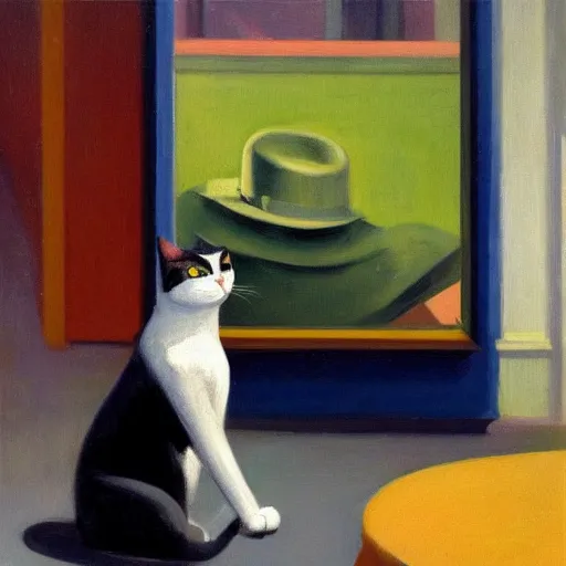 Image similar to a half robot cat wearing a hat, a highly detailed edward hopper painting, by adrian ghenie and gerhard richter. art by james gurney. masterpiece, flat surreal design with deep colours. 8 k. artstation