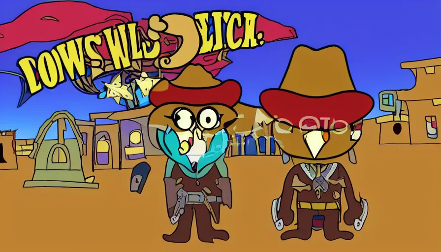 Image similar to 2000s cartoon show screenshot about a gunslinging owl from the wild west, wearing a cowboy hat an eye mask, standing in an old west town the animated show, in the style of cowboys of moo mesa