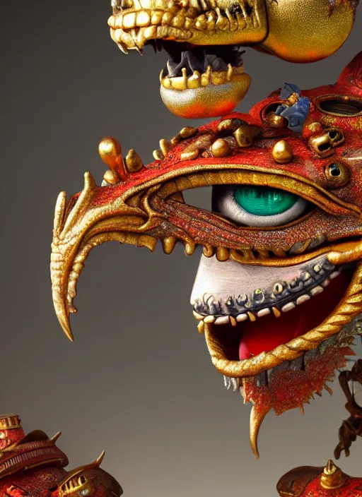 Prompt: highly detailed closeup portrait of a tin toy fairytale dragon, unreal engine, nicoletta ceccoli, mark ryden, earl norem, lostfish, hyung tae, frank frazetta, global illumination, detailed and intricate environment