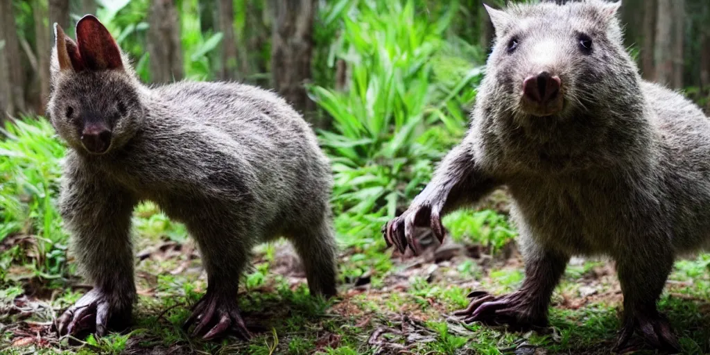 Image similar to a mythical wambot creature, half wombat and half robot, cute, lethal, forest dweller