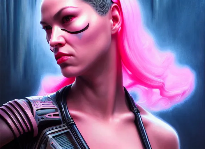 Prompt: portrait shot of a female pink vader with full lips in cyberpunk 2 0 7 7, intricate, elegant, highly detailed, centered, digital painting, artstation, concept art, smooth, sharp focus, illustration, artgerm, tomasz alen kopera, peter mohrbacher, donato giancola, joseph christian leyendecker, wlop, boris vallejo