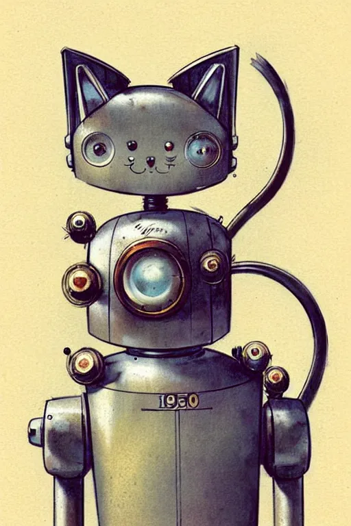 Prompt: 1 9 5 0 s retro robot cat, muted colors. by jean - baptiste monge