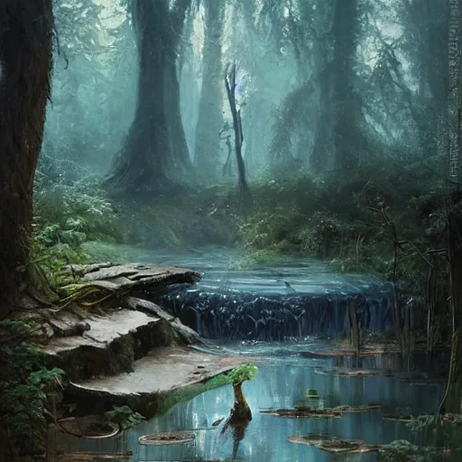 Prompt: water elemental resting at a pond inside a forest, oil painting, by Greg Rutkowski